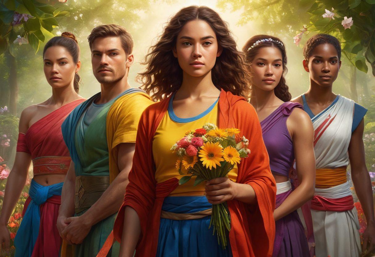A strong, diverse group of individuals symbolizing warriors, standing together with determined expressions, surrounded by elements of nature like flowers and sunlight. Include symbols of support, like ribbons, and healthy lifestyle elements such as fruits and exercise tools. The scene conveys empowerment, unity, and hope, with a warm, inviting atmosphere. vibrant colors. super-realistic.