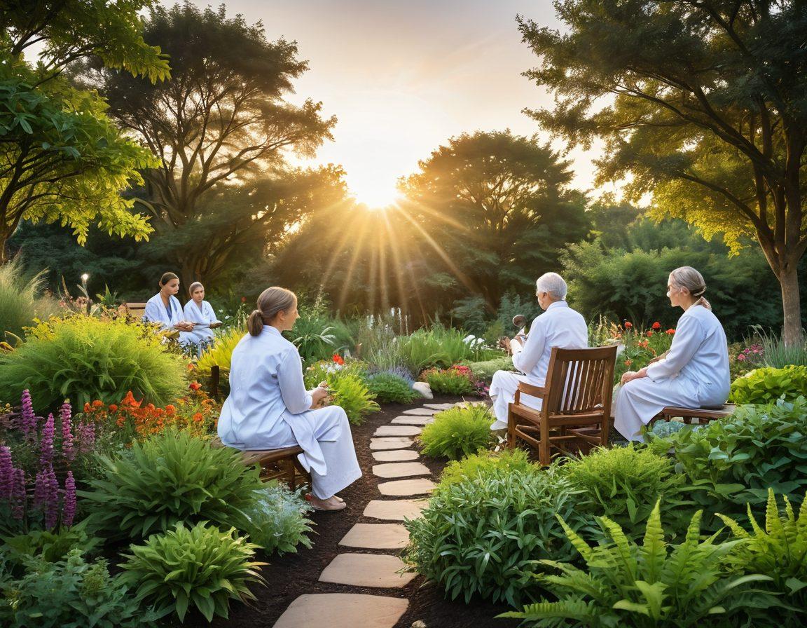 A serene landscape depicting a sunrise over a thriving garden filled with diverse plants symbolizing holistic health. In the foreground, a diverse group of compassionate healthcare professionals engages with patients, radiating warmth and hope. Subtle elements like a magnifying glass and a heartbeat line weave through the scene, representing early detection in oncology. Soft, uplifting colors enhance the overall message of wellness and awareness. vibrant colors. super-realistic.
